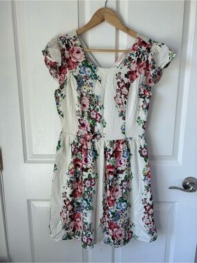 White Floral Fit-and-Flare Dress with Pink & Green Blooms